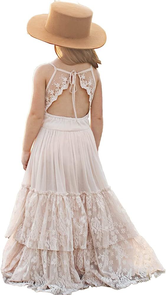 BIBIHOU Girls Kids Lace Back Full-Length Backless Tulle Party Holiday Formal Flower Girl Dress | Amazon (US)