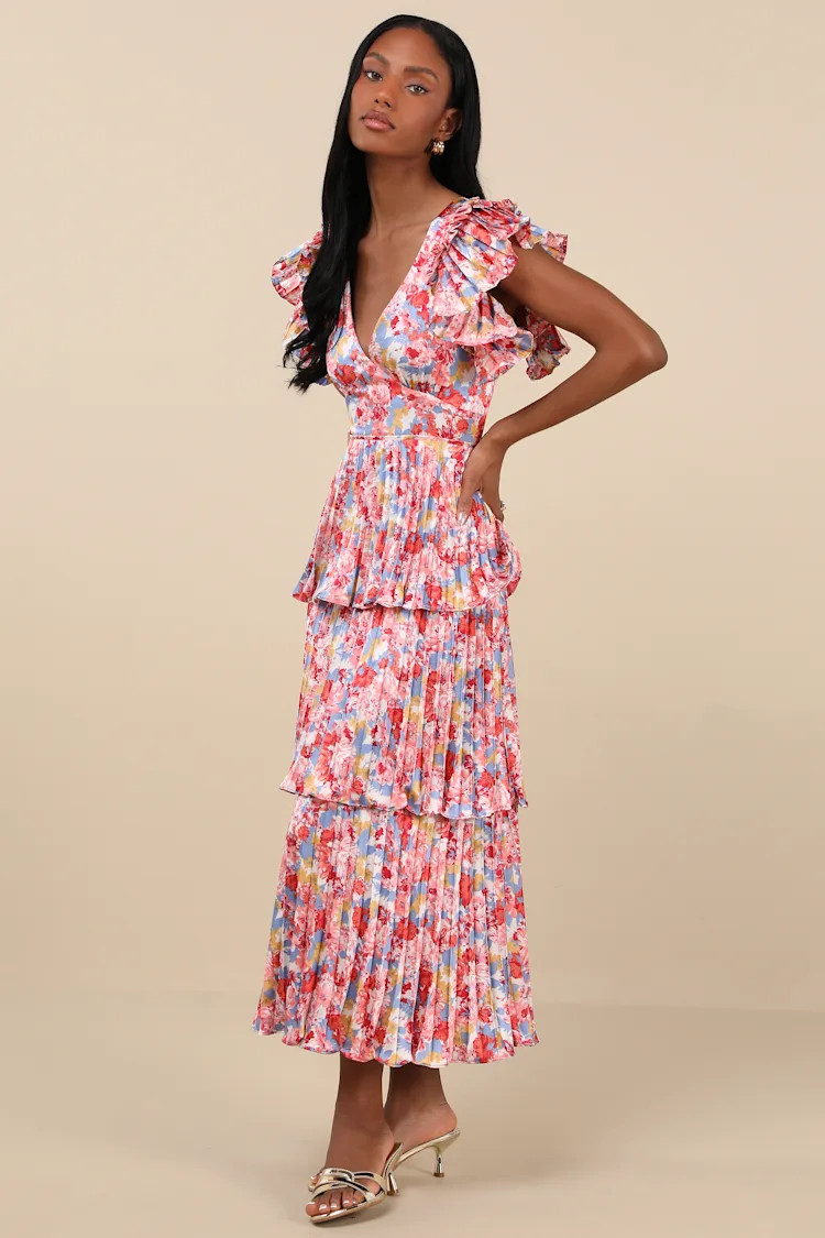 Stunning Desire Multi Floral Satin Pleated Tiered Midi Dress | Lulus