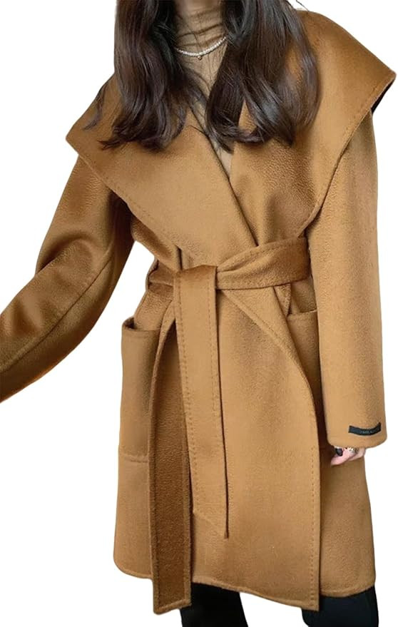 utcoco Women's Winter Belted Cashmere Coat Open Front Wool Trench Coat with Hood | Amazon (US)