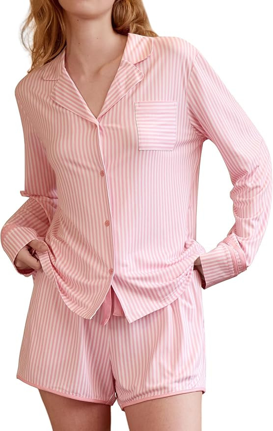 KFUBUO Women's 2 Piece Striped Pajama Sets Long Sleeve Button Down Shirts Matching Shorts Set 202... | Amazon (US)