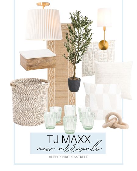 Tj Maxx new arrivals! This includes this woven hamper basket, chandelier, faux olive tree, glassware, chain link, throw pillows, gold sconce, runner rug, and a wooden box. 

coastal style, tj maxx, tj maxx home decor, neutral home decor, simple style, living room decor, kitchen decor, storage baskets, lighting, light fixture, throw pillows, rug

#LTKSeasonal #LTKFind #LTKhome