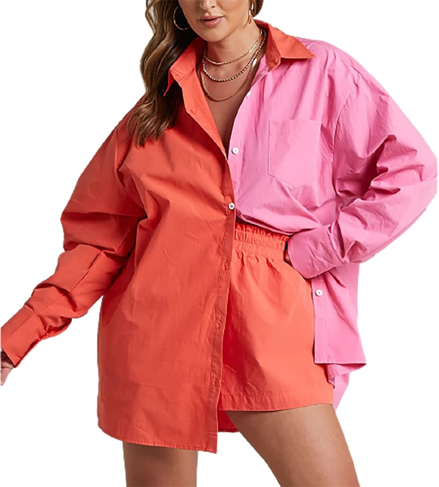 Women Casual 2 Piece Outfit Relaxed Long Sleeve Shirt And Loose High Waist Drawstring Mini Short Set | Amazon (US)