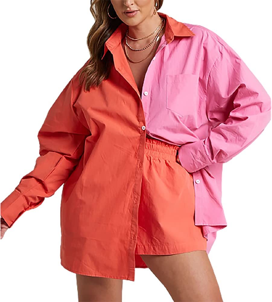 Women Casual 2 Piece Outfit Relaxed Long Sleeve Shirt And Loose High Waist Drawstring Mini Short Set | Amazon (US)