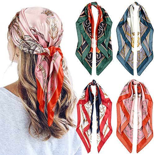 QBSM 4 Pcs 35'' Satin Head Scarf Silk Feeling Neck Scarves Hair Wrap for Sleeping Large Square Headscarf for Women | Amazon (US)