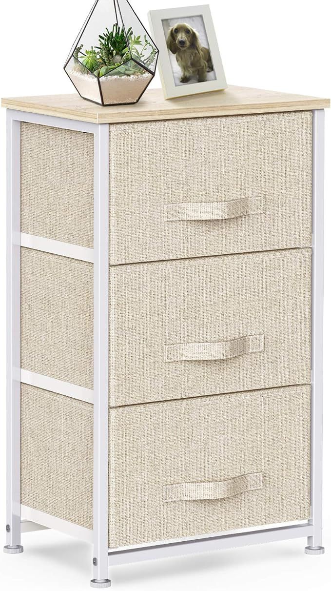 3 Drawer Fabric Dresser Storage Tower, Dresser Chest with Wood Top, Organizer Unit for Closets Be... | Amazon (US)
