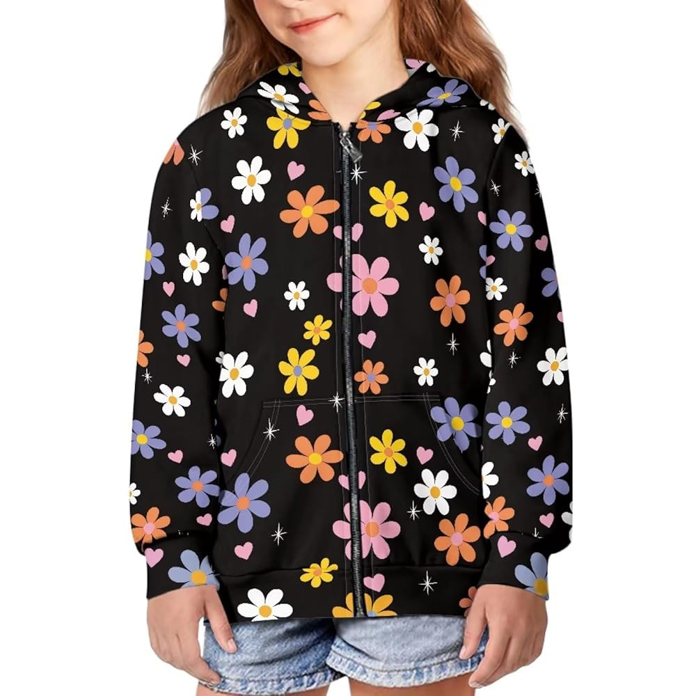 Cute Girls Graphic Zip Up Hoodie with Pockets Soft Long Sleeve Zipper Floral Hoodies | Amazon (US)