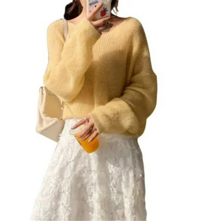Women Autumn V Neck Knitted Pullover Tops Long Sleeve Loose Sweater Yellow | Walmart (US)