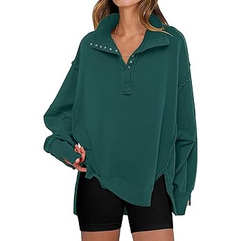 ANRABESS Women's Sweatshirts Oversized Casual Loose Button Up Henley Pullover Top High Low Split ... | Amazon (US)