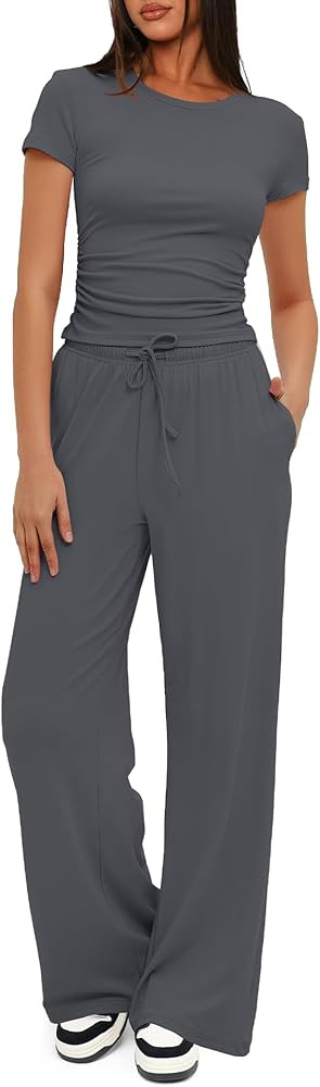 Darong Women's Summer 2 Piece Lounge Sets - Side Ruched Crop Top & Wide Leg Pants Casual Outfits | Amazon (US)