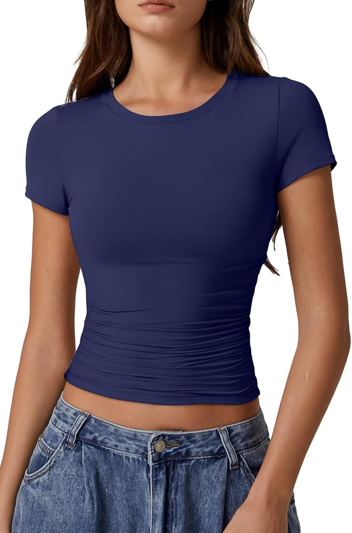 QINSEN Short Sleeve Shirts for Women Round Neck Basic Double Lined Tees Fitted Y2k Crop Tops | Amazon (US)