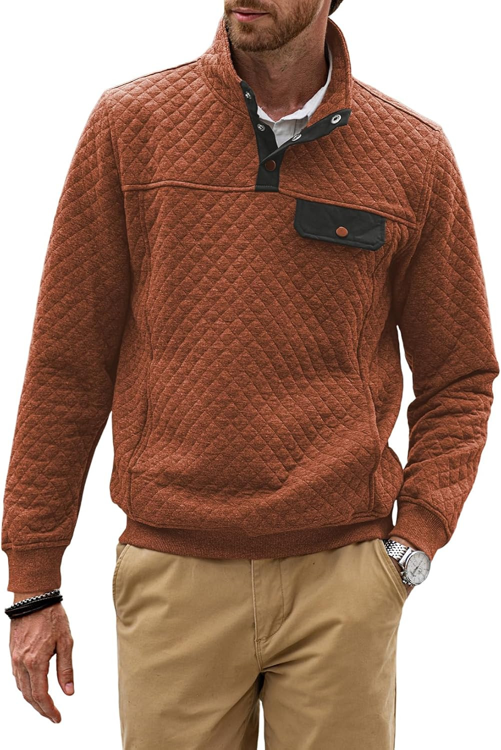 JMIERR Men's Quilted Sweatshirt Casual Long Sleeve Outdoor Stand Collar Button Pullover Sweatshirts | Amazon (US)