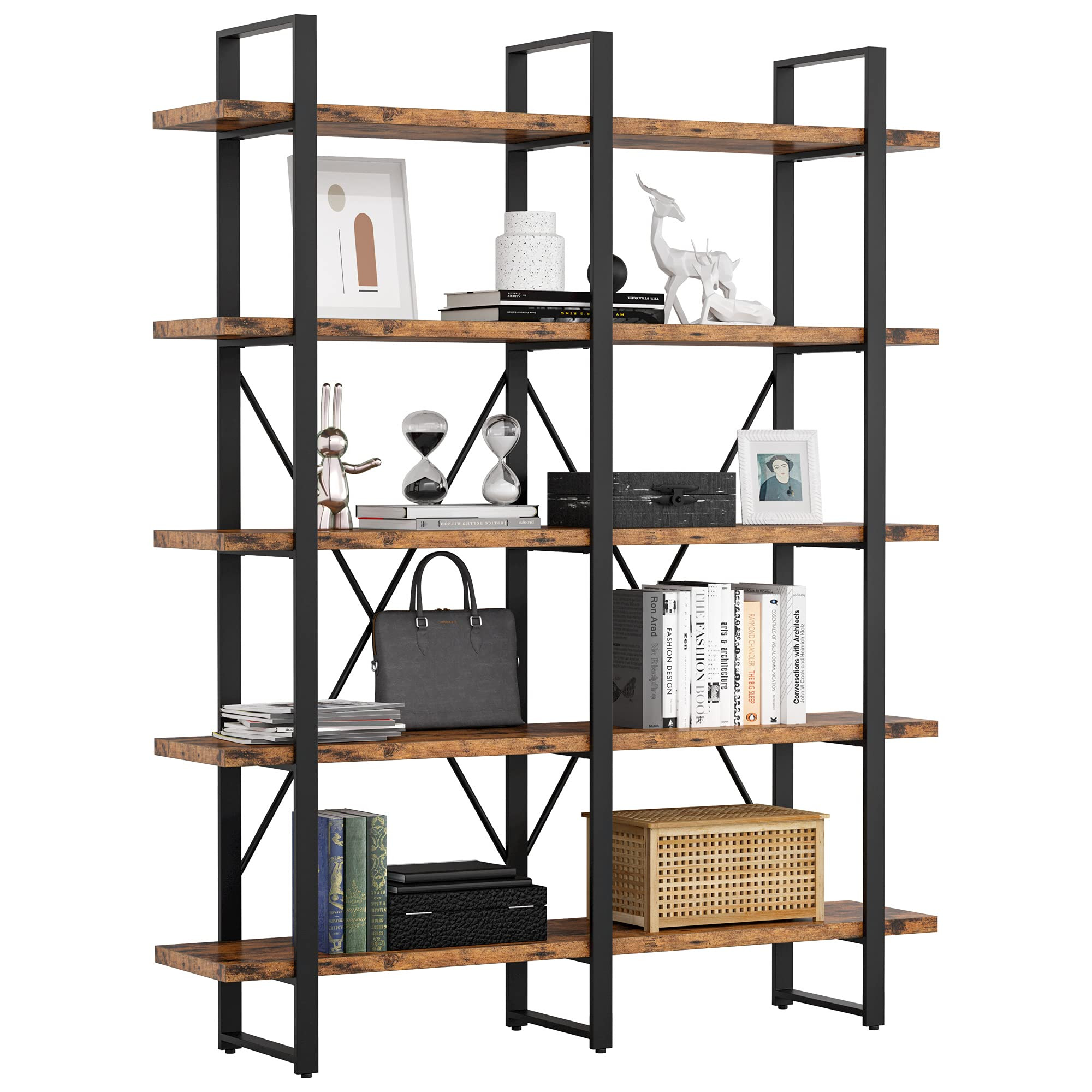 IRONCK Industrial Bookshelf and Bookcase Double Wide 5 Tier, Large Open Shelves, Wood and Metal B... | Amazon (US)
