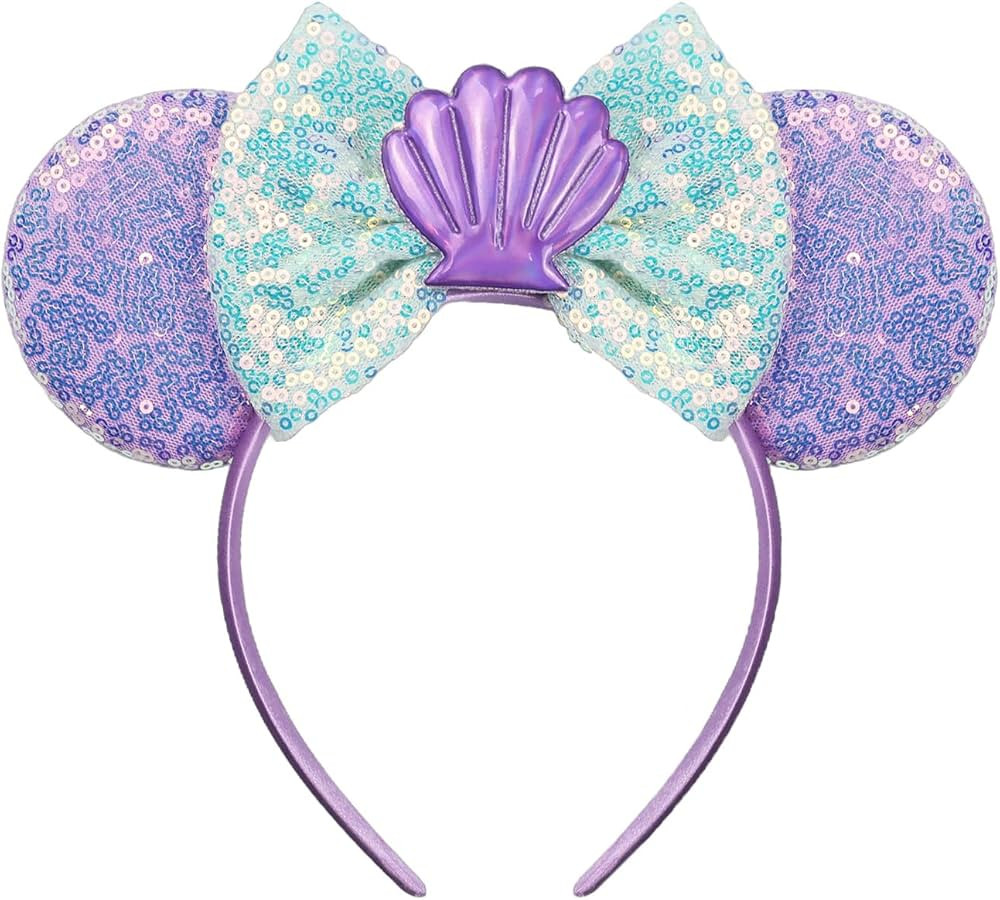 JIAHANG Mermaid Mouse Ears Headband with Sequin Bow, Seashell Hair Band Party Decoration Headwear... | Amazon (US)