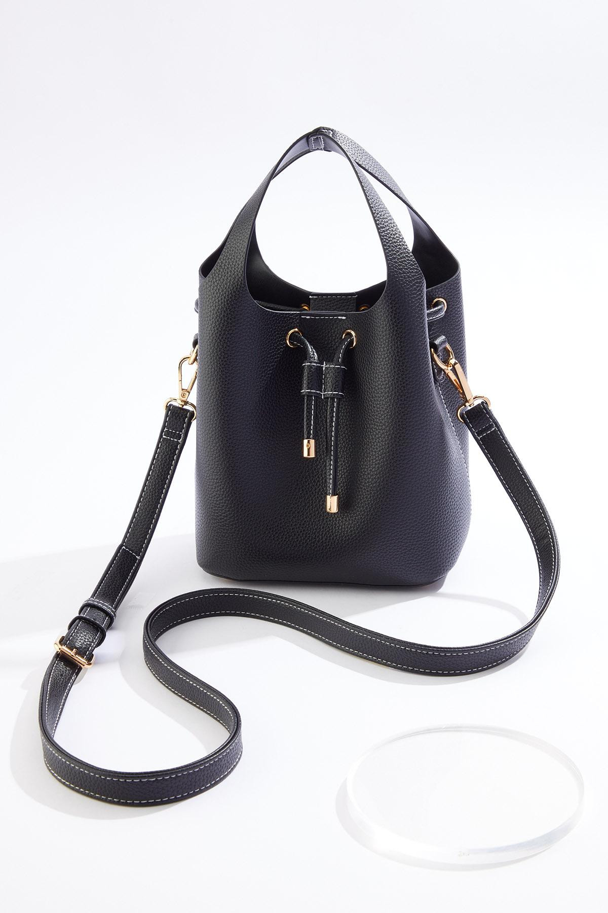 Black Faux Leather Cinched Bucket Crossbody | Cato Fashions
