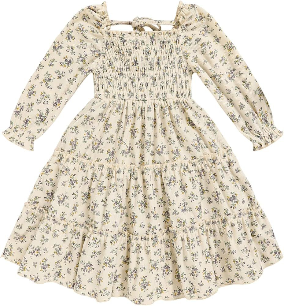 Toddler Girl Dress Long Sleeve Baby Floral Smocked Square Neck Playwear Dress | Spring Fall Casua... | Amazon (US)