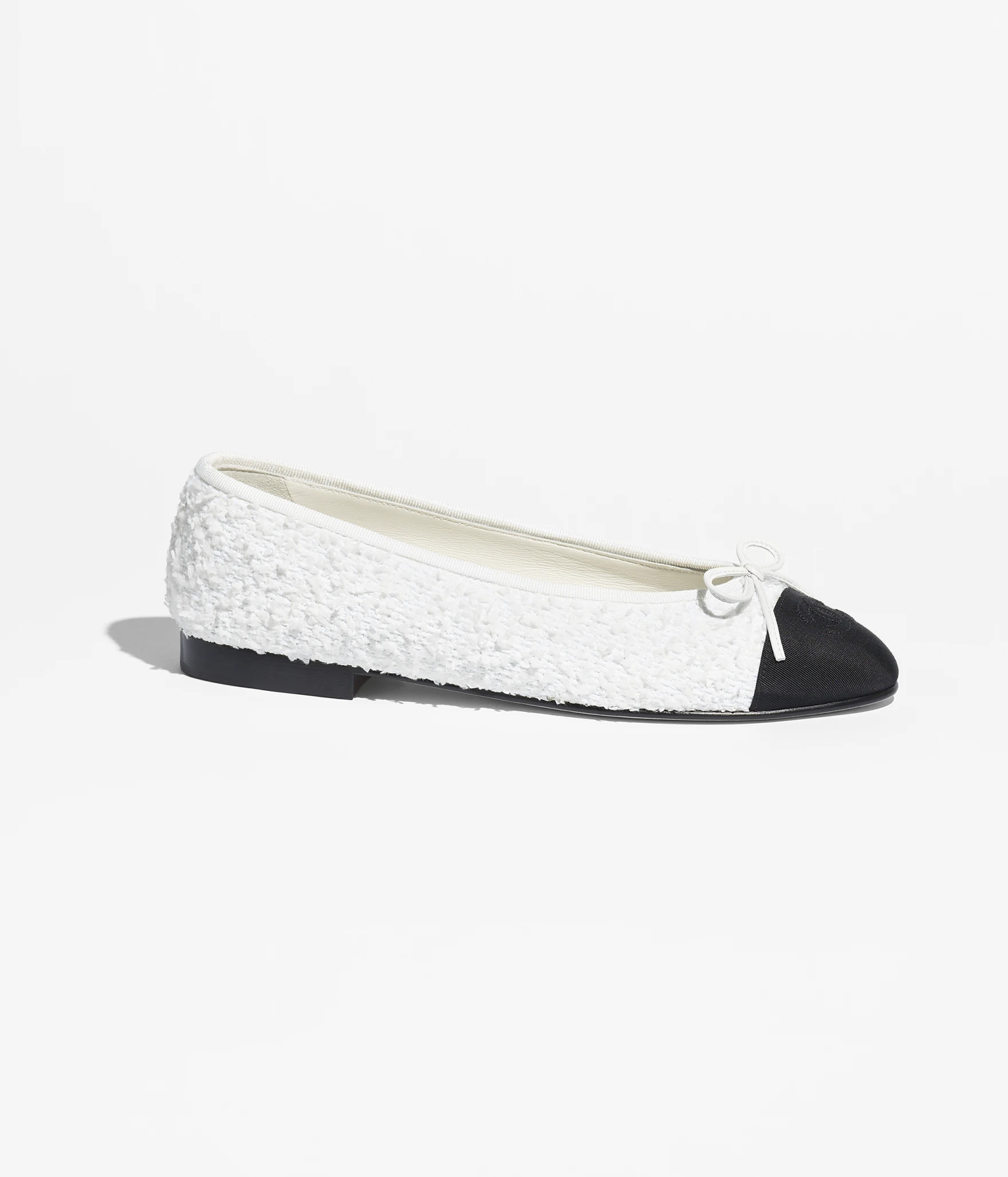 Ballet flats - Cotton tweed & grosgrain, white & black — Fashion | CHANEL | Chanel, Inc. (US)