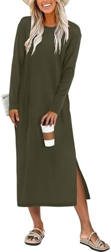 ANRABESS Long Sleeve Midi Dresses for Women | Comfy Soft T Shirt Dress, Crewneck Split Striped, L... | Amazon (US)