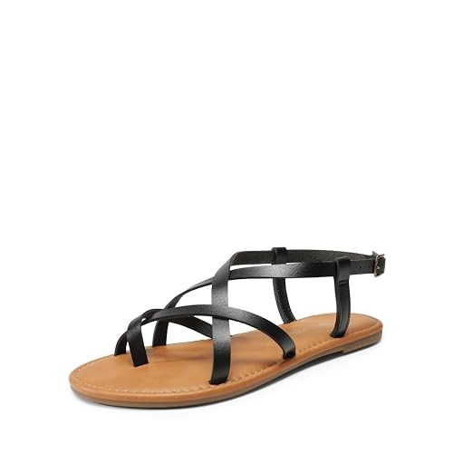 DREAM PAIRS Women's Flat Sandals Strappy Dressy Comfortable Ankle Strap Casual Summer Thong Sandals for Beach,Size 6.5,Black,SDFS2401W | Amazon (US)