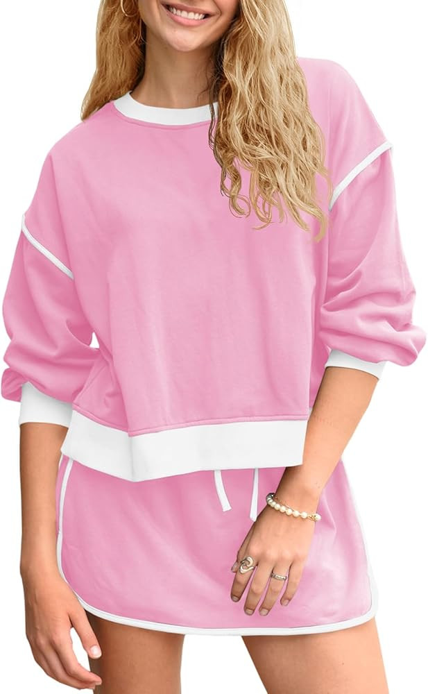 Fisoew Womens Sweatsuits 2 Piece Set Crewneck Sweatshirts High Waisted Skort Skirts Tennis Runnin... | Amazon (US)