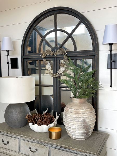 Winter console styling , vase, , lamp, mirror, lighting, decor accents, home decor

#LTKFind #LTKSeasonal #LTKhome
