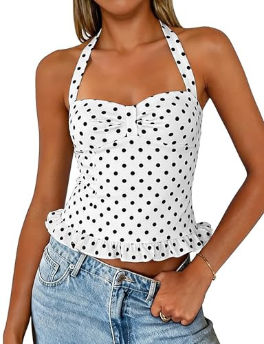 Lingswallow Women's Polka Dot Top Sleeveless Tie Halter Tops for Women Backless Ruffle Hem Camisole Y2K Going Out Crop Tank Top White Polka Dot Top | Amazon (US)