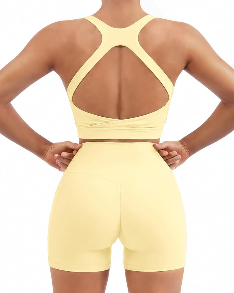 SUUKSESS Womens Workout Set High Impact Fitness Gym Backless Bra Yoga Crop Tank High Waisted Bike... | Amazon (US)