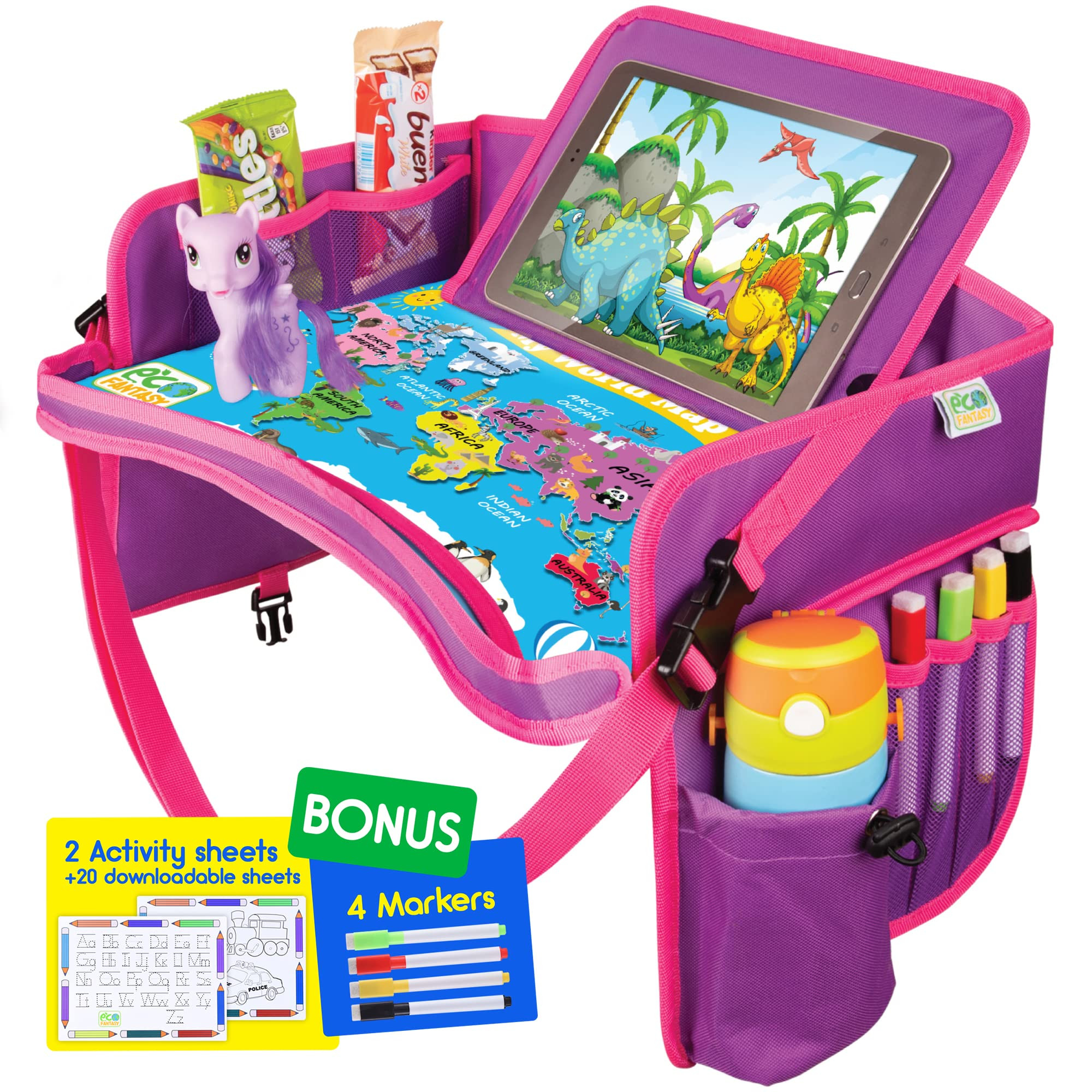 Kids Travel Tray - Waterproof Lap Table with No-Drop Large Tablet Holder - Car Seat Tray - Road T... | Amazon (US)