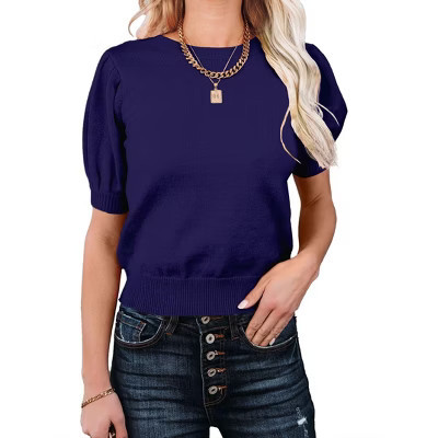 BLUEMING Sweater Tops for Women Short Sleeve Crew Neck Summer Knit Shirt Ribbed Knit Cuff Tops, Royal Blue - S | Target