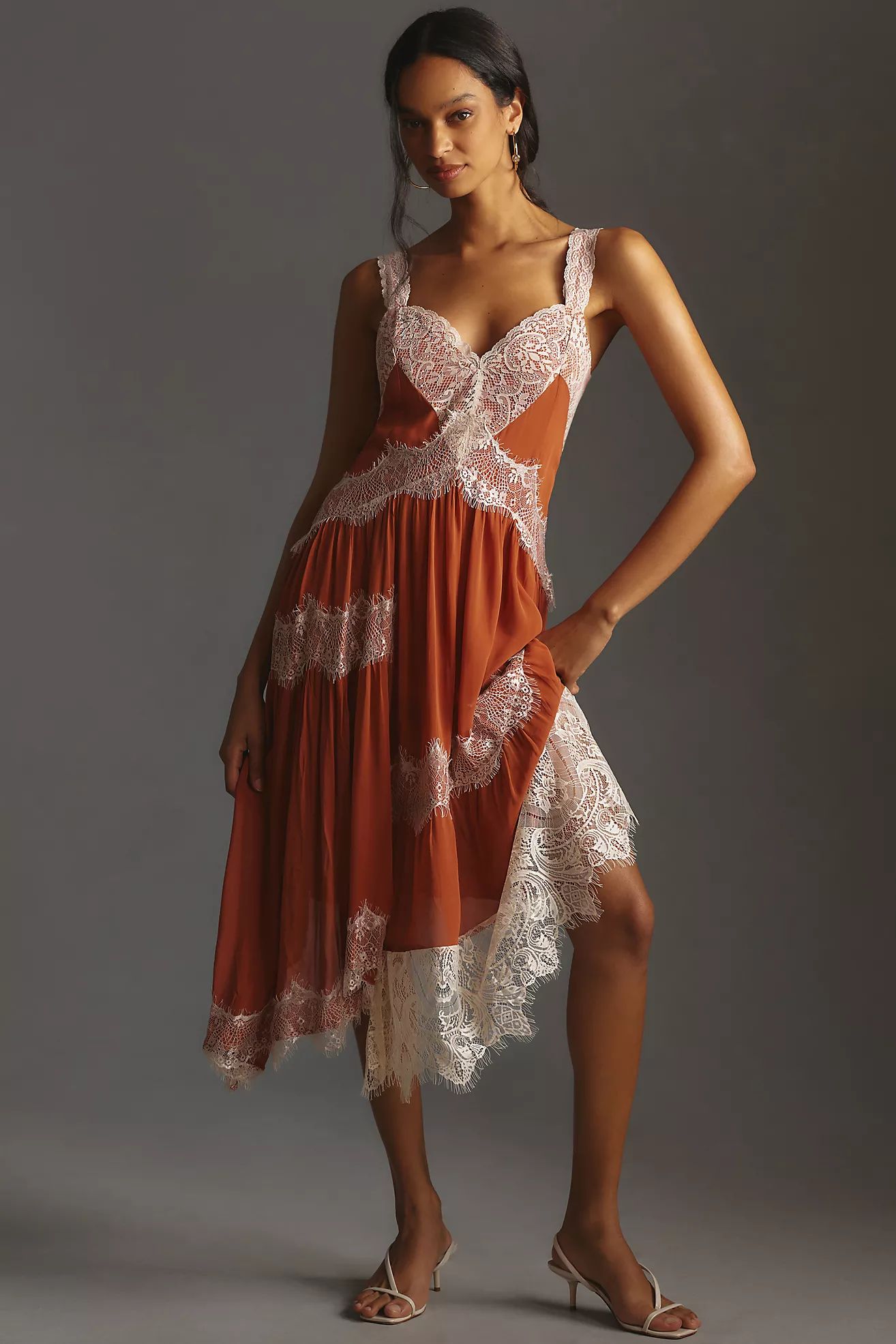 By Anthropologie Sleeveless Asymmetrical Lace Midi Dress | Anthropologie (US)