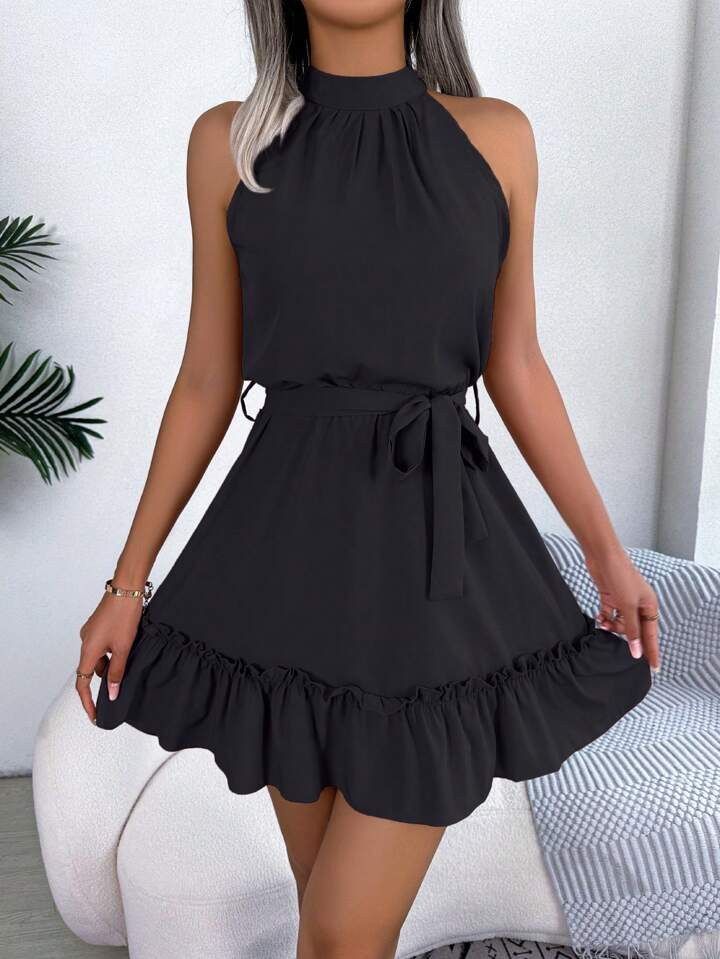New Arrival Sleeveless Belted Solid Color Casual Hang Neck Ruffle Trim Mini Dress For Spring/Summ... | SHEIN
