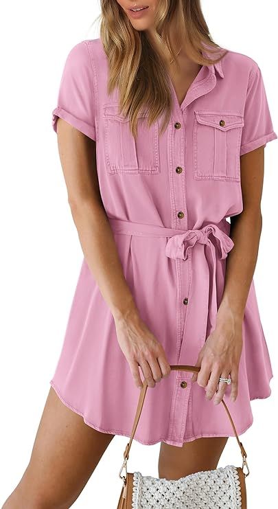 PRETTYGARDEN Women's Casual Summer Button Down Shirt Dress Collared V Neck Short Sleeve Belted Po... | Amazon (US)