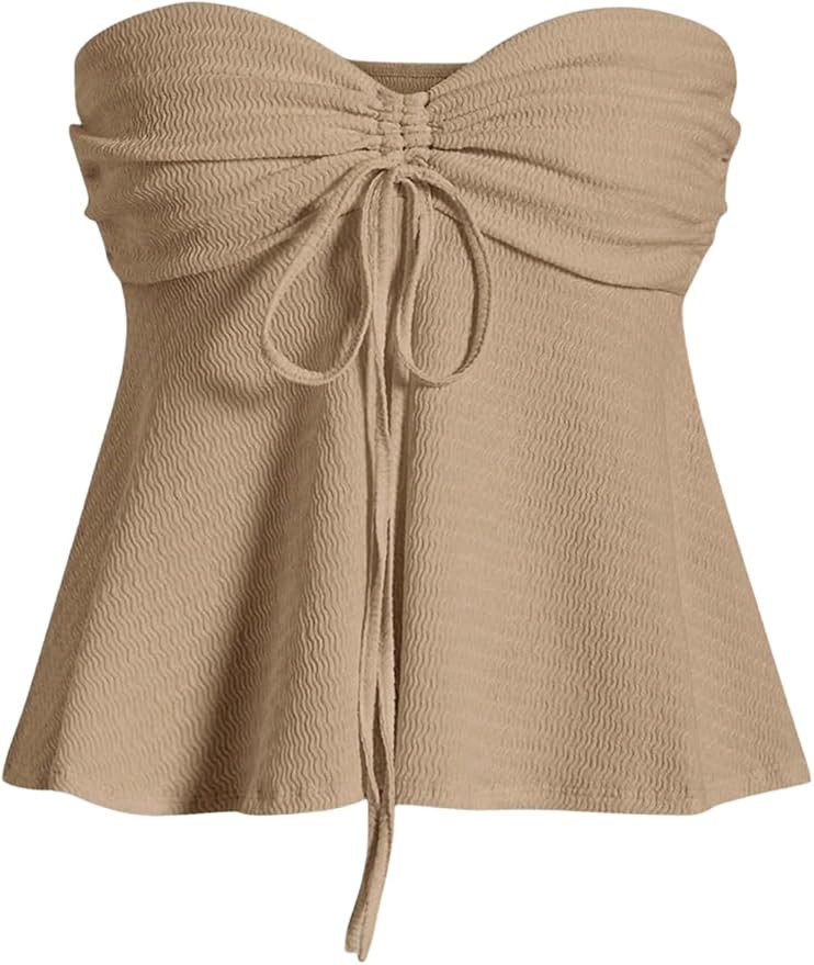 Milumia Women Tie Front Ruched Tube Top Y2k Summer Strapless Peplum Tops Babydoll Flowy Tops | Amazon (US)