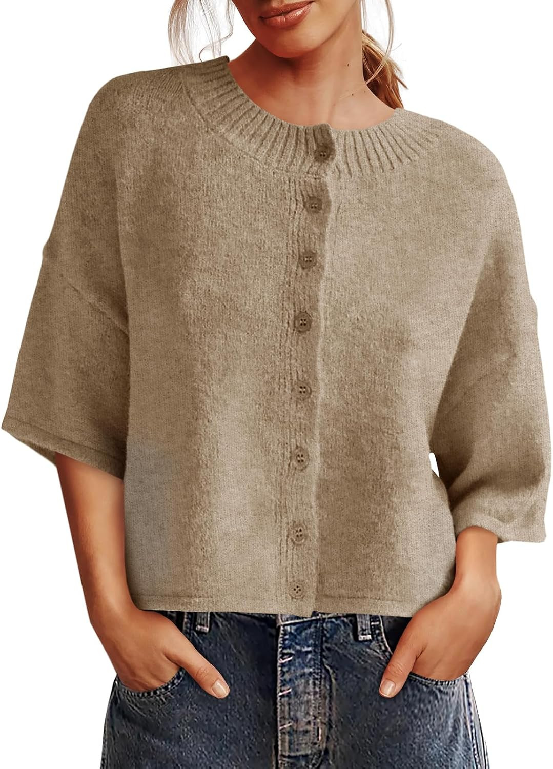 Saodimallsu Womens 3/4 Sleeve Cardigan Sweater Button Down Cropped Crewneck Cardigan 2025 Fall Casual Knit Tops | Amazon (US)