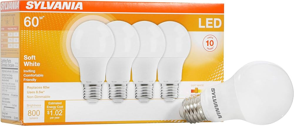 SYLVANIA LED A19 Light Bulb, 60W Equivalent Efficient 8.5W Medium Base, 2700K Soft White, 4 pack | Amazon (US)
