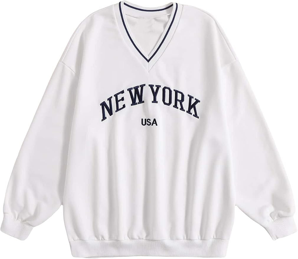 Cozyease Women's Letter Graphic V Neck Long Sleeve Sweatshirt Casual Drop Shoulder Lined Pullover... | Amazon (US)