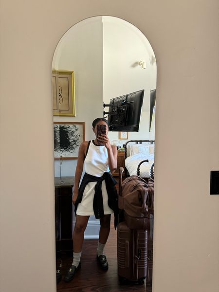 Travel outfit: The cutest white with black trim razor back dress, with pockets. Paired with blazer and loafers - activewear dress and beis brown carry on suitcase luggage and weekender bag 

#LTKActive #LTKShoeCrush #LTKTravel