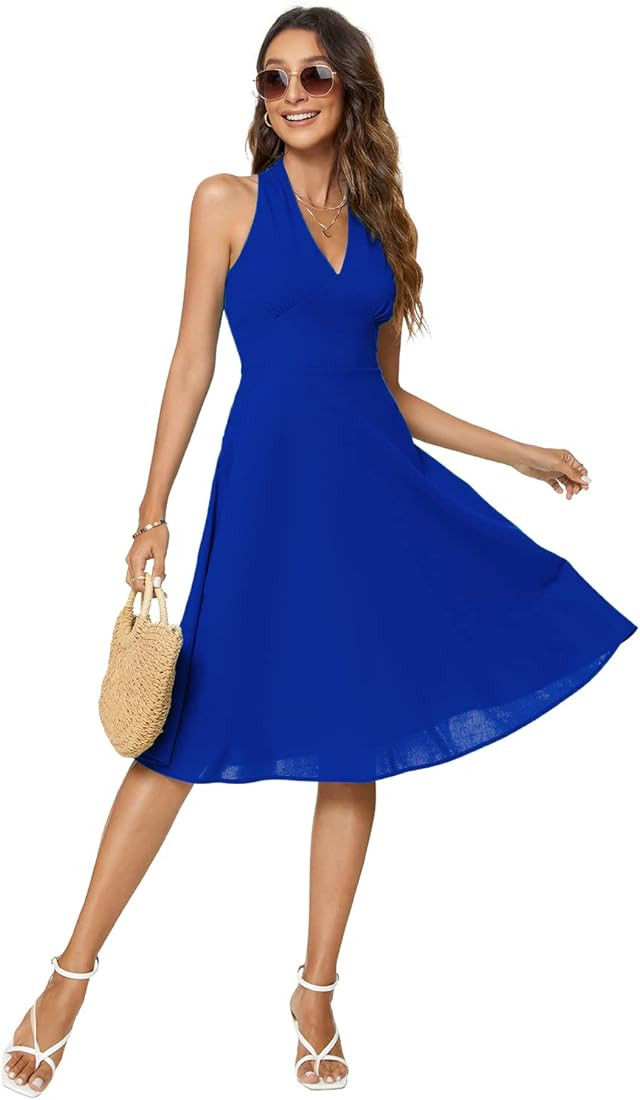 JMSHIHUA Womens Casual V Neck Sleeveless Solid A-Line Cocktail Flare Swing Midi Dresses | Amazon (US)