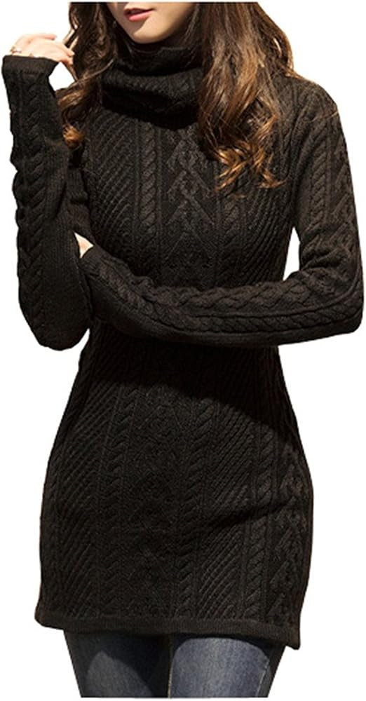 v28 Women Polo Neck Long Slim Fitted Dress Bodycon Turtleneck Cable Knit Sweater | Amazon (US)