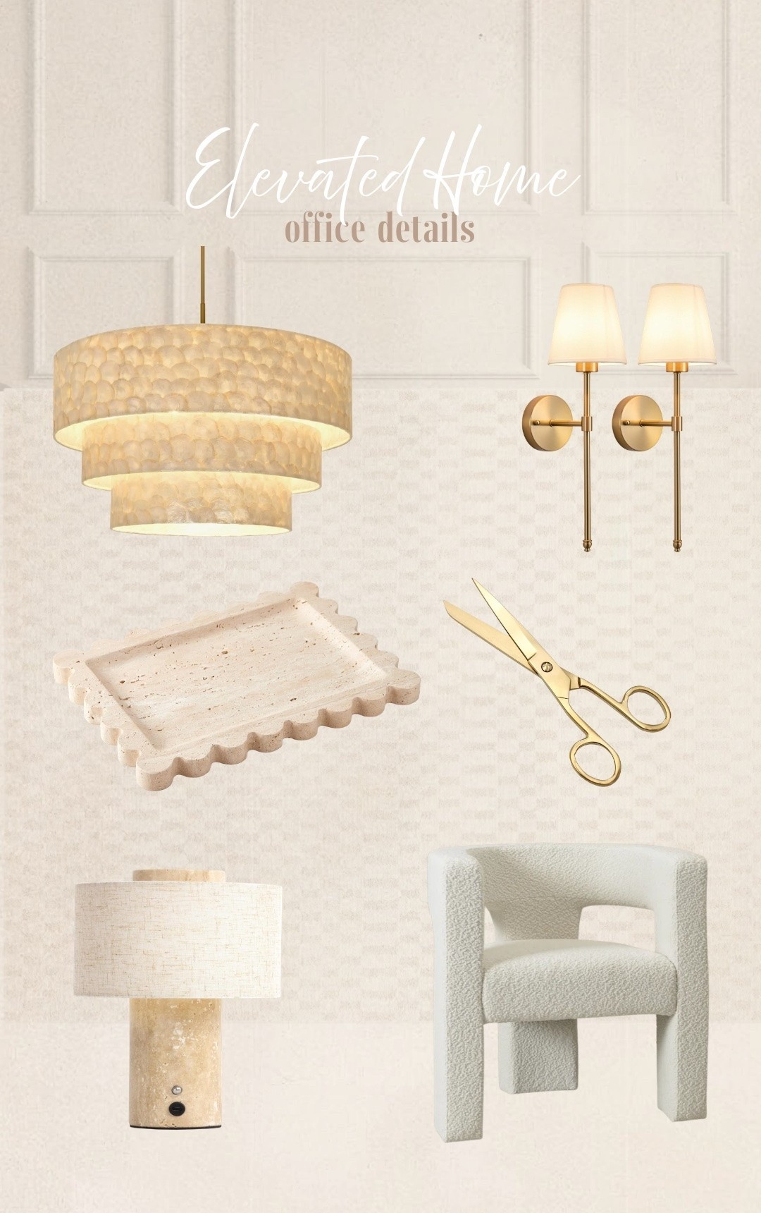 Office details ✨ that elevated my home office! These affordable home finds took my home office to the next level. 

Travertine, chandelier, cordless wall sconces, rechargeable lamp, boucle chair, gold scissors, tray, area rug, wayfair, neutral, capiz, brass, office remodel, home update, fancythingsblog

#LTKHome #LTKU