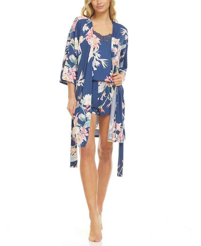 Floral by Flora Nikrooz Phoebe Wrap Robe, Cami & Tap Shorts Travel Pajama Set | Macys (US)
