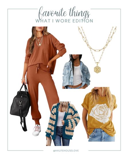 This weeks favorite things- what I wore edition.

Lounge set, bubble sleeve cardigan, flower tee, free people opal swing denim jacket, initial necklace.

Everything is TTS #ootd

#LTKMostLoved #LTKover40