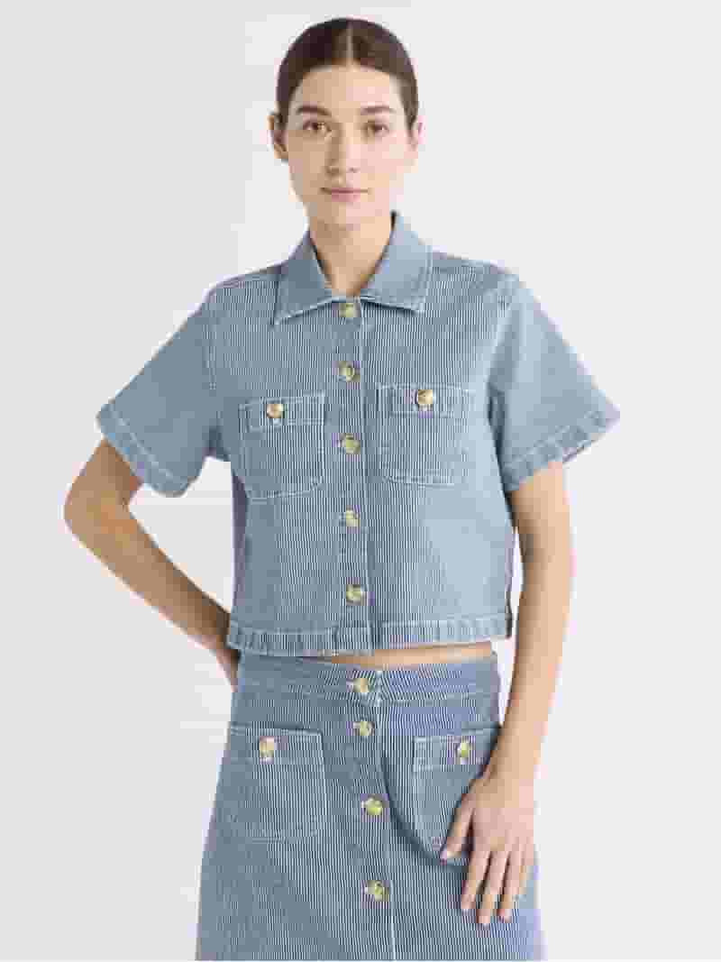 Free Assembly Women's and Women's Plus Striped Denim Cropped Shirt, Sizes XS-4X | Walmart (US)
