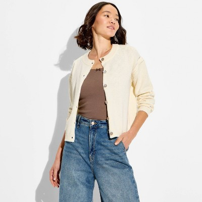 Women's Crewneck Cable Trim Cardigan - Wild Fable™ Off-White M | Target