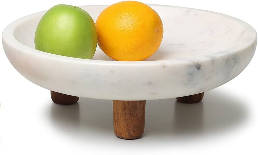 Marble Fruit bowl with three wood legs | 11.8 inch dia footed bowl for kitchen counter | Use as c... | Amazon (US)