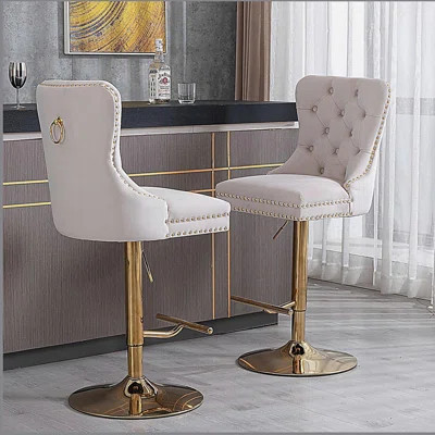 Swivel Velvet Barstools Adjusatble Seat Height from 27-35 Inch, Modern Upholstered Bar Stools for Home Pub and Kitchen Island (Beige,Set of 2) | Wayfair North America