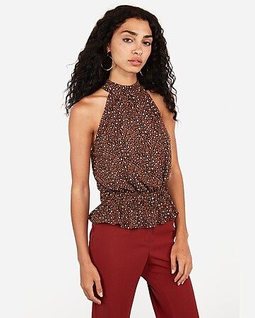 leopard print high neck peplum tank | Express