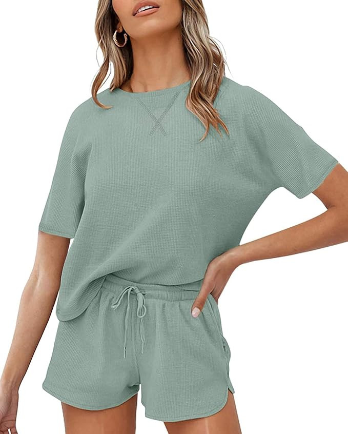 ZESICA Women's Waffle Knit Pajama Set Short Sleeve Top and Shorts Loungewear Athletic Tracksuits ... | Amazon (US)