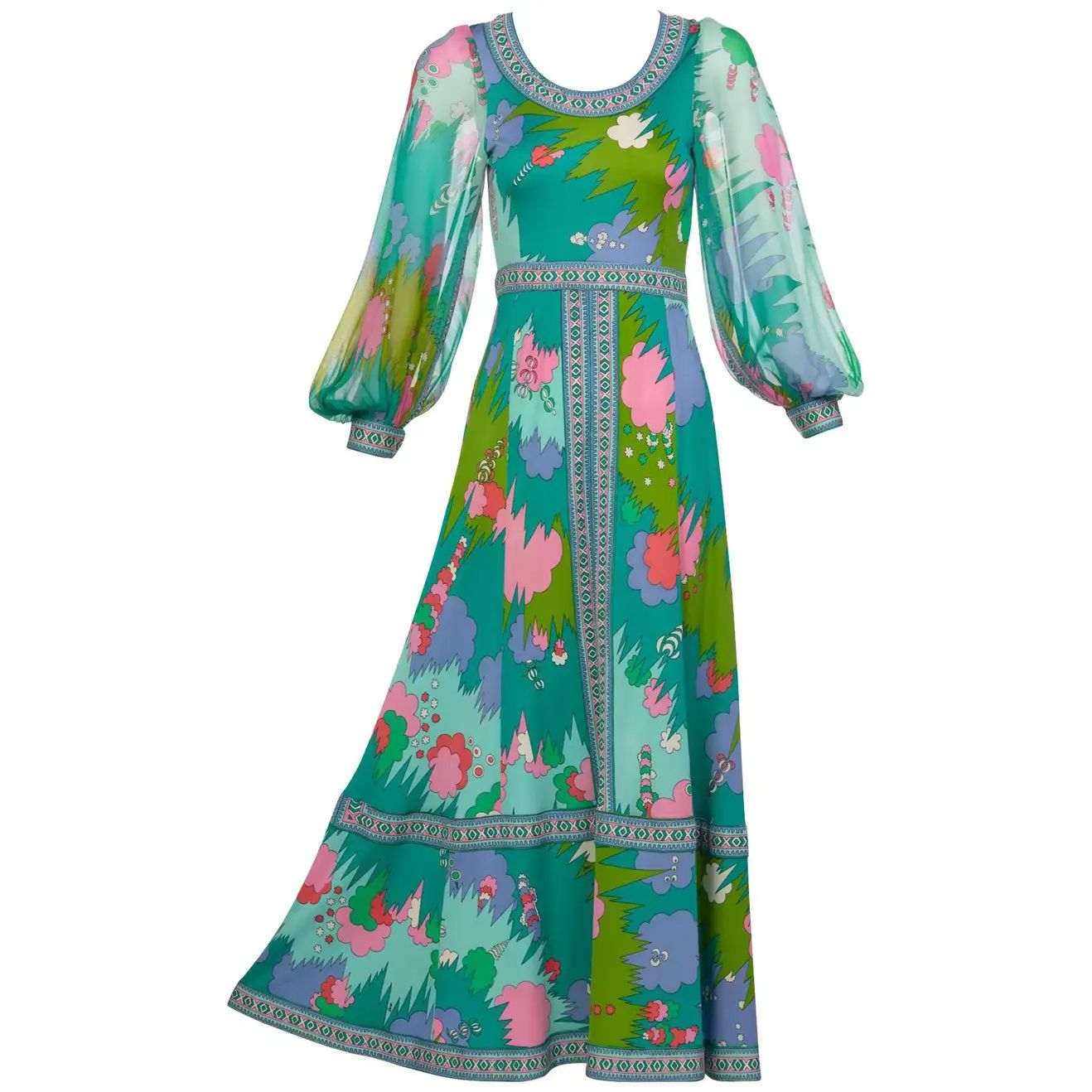 Bessi Multicolored Silk Jersey Chiffon Sleeves Maxi dress, 1970s | 1stDibs