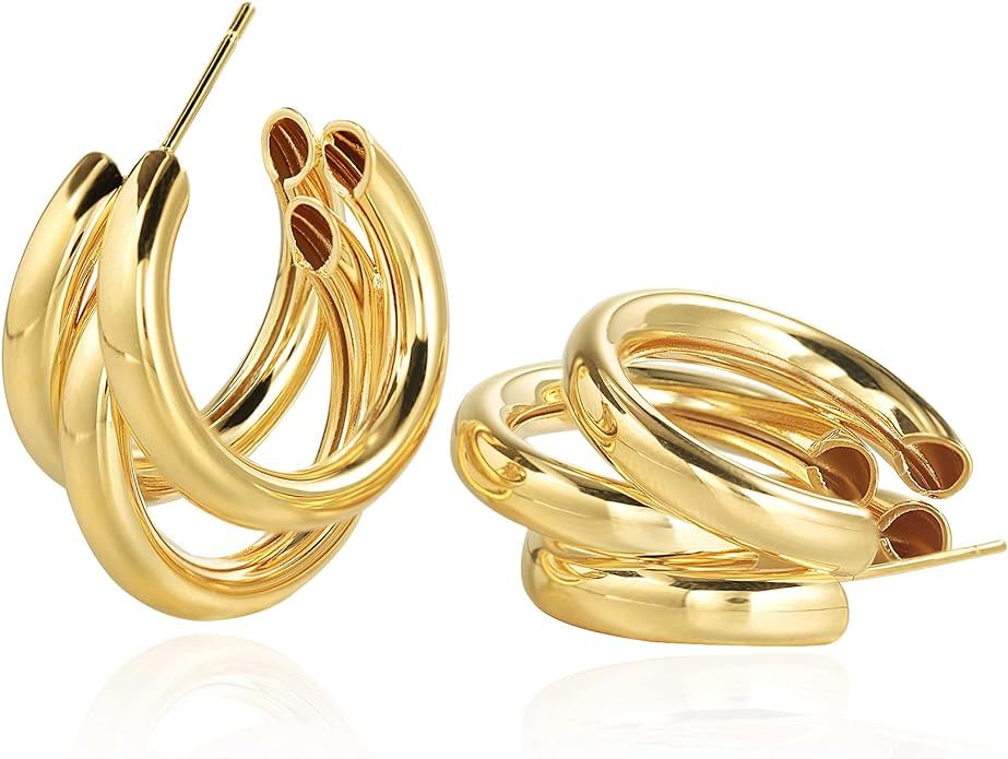 Chunky Gold Hoop Earrings for Women, 14k Gold Plated Thick Triple Hoop Earrings Hypoallergenic Tr... | Amazon (US)