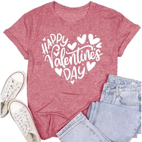 Womens Valentines Day T-Shirt Romantic Love Heart T-Shirt Valentine Tee Tops | Amazon (US)